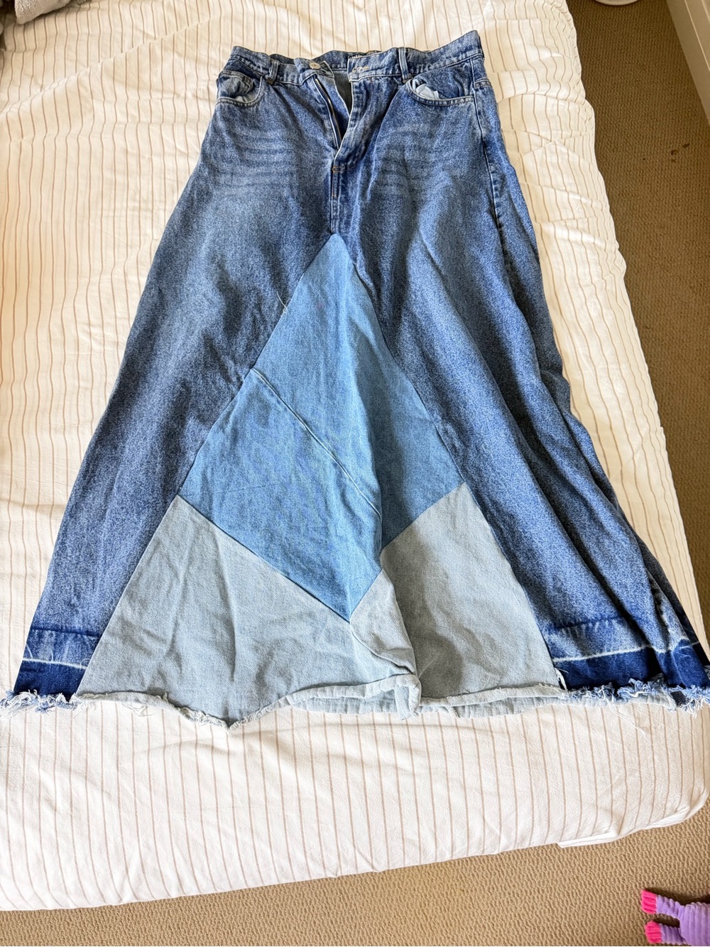 Zara Patchwork Denim A-line Maxi Skirt in Medium & Light Blue L used twice